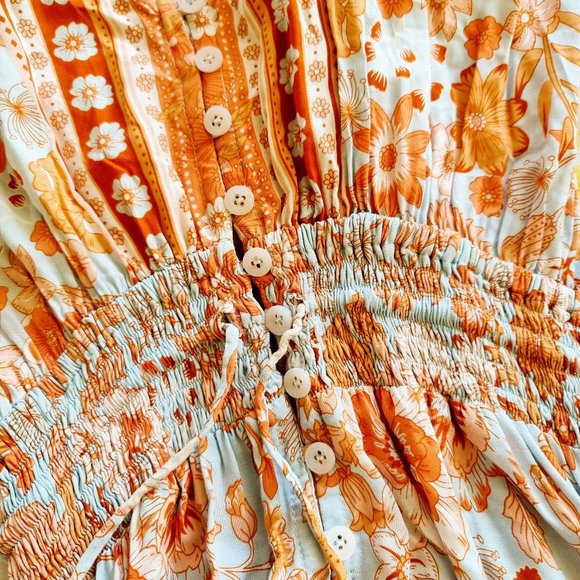 Honey Bunch blue orange + tan floral print high-low boho maxi dress fits AU 8-14 - Picture 15 of 15